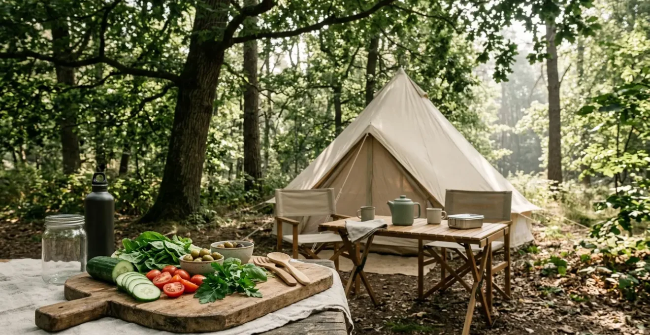 Préparation de repas frais en camping sous le soleil estival