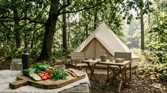 Préparation de repas frais en camping sous le soleil estival