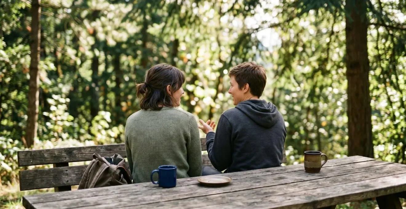 Scène de convivialité respectueuse illustrant l'ambiance bienveillante d'un camping naturiste