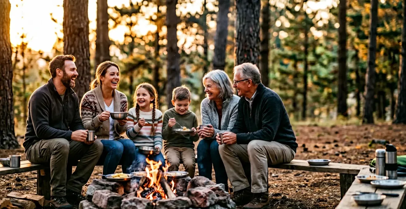 Repas en famille autour d'un feu de camp au coucher du soleil