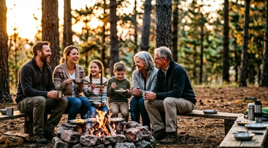 Repas en famille autour d'un feu de camp au coucher du soleil