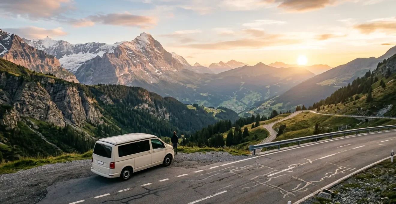 Camping-car sur route panoramique de montagne européenne au coucher du soleil