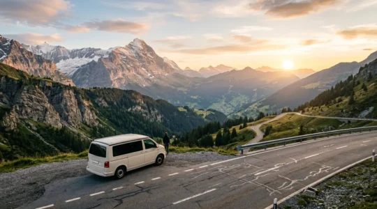 Camping-car sur route panoramique de montagne européenne au coucher du soleil