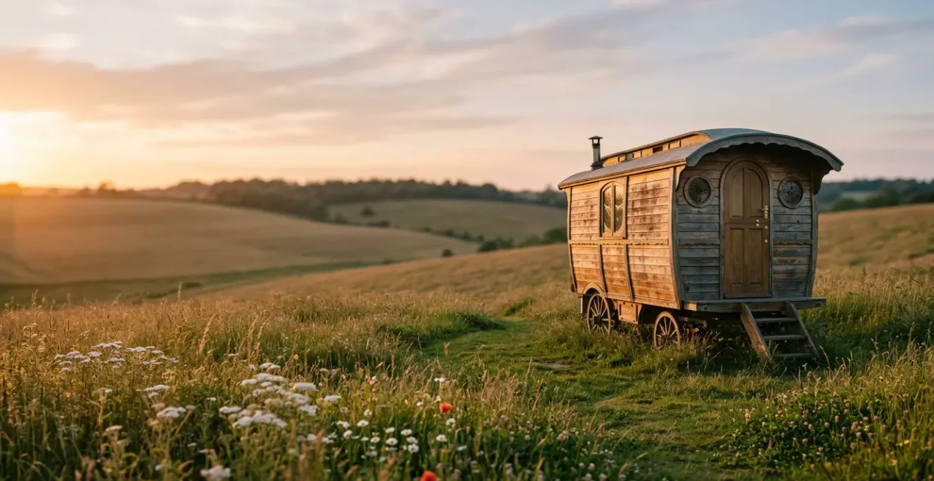 Roulotte bohème en bois dans un pré verdoyant au coucher du soleil