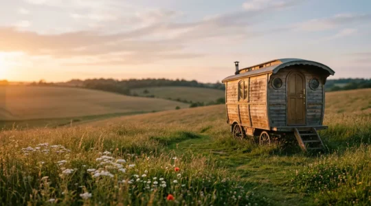 Roulotte bohème en bois dans un pré verdoyant au coucher du soleil