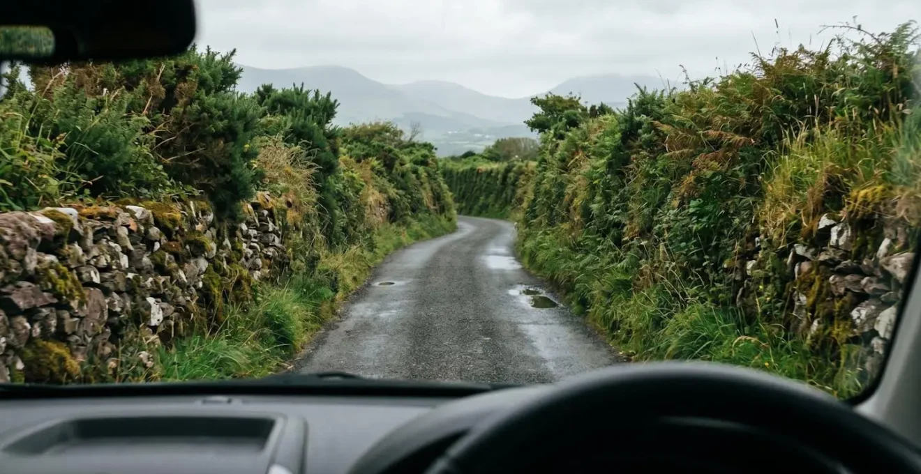 Route sinueuse et étroite bordée de murets de pierre et de haies verdoyantes typiques d'Irlande, illustrant les défis de conduite en camping-car