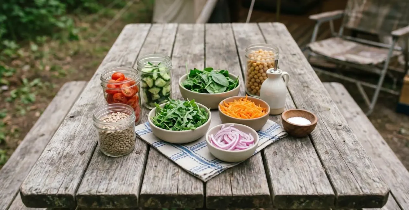 Vue en plongée d'ingrédients colorés de salade disposés sur une table de camping en bois