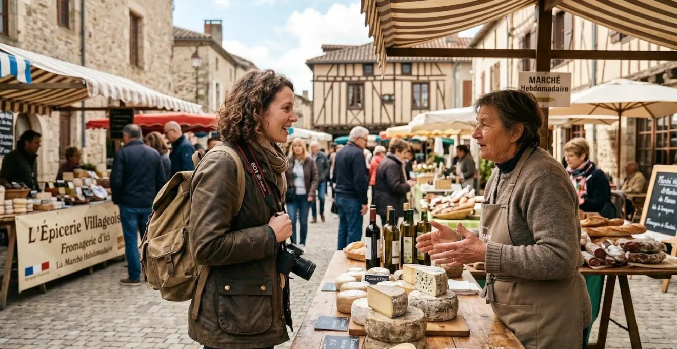 Voyageur discutant avec un producteur local sur un marché de village européen