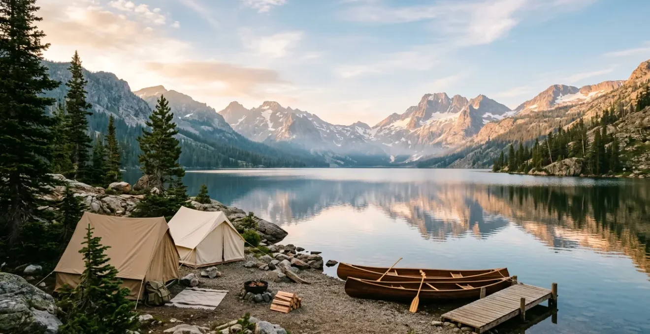 Vue aérienne d'un lac paisible au petit matin avec kayaks et paddles sur la berge, entourés de pins et montagnes en arrière-plan