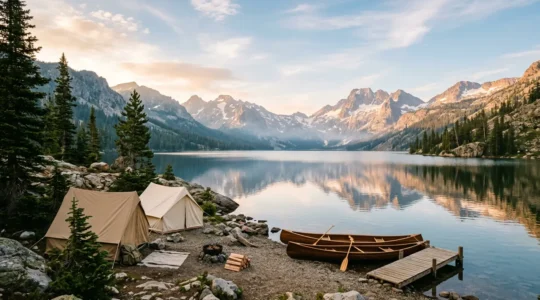 Vue aérienne d'un lac paisible au petit matin avec kayaks et paddles sur la berge, entourés de pins et montagnes en arrière-plan