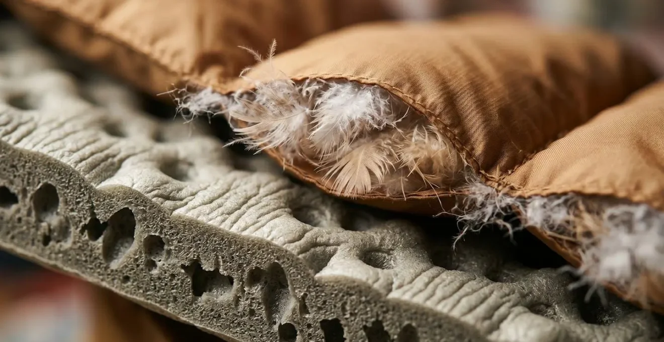 Vue en coupe macro montrant les couches d'isolation d'un système de couchage avec matelas et sac de couchage