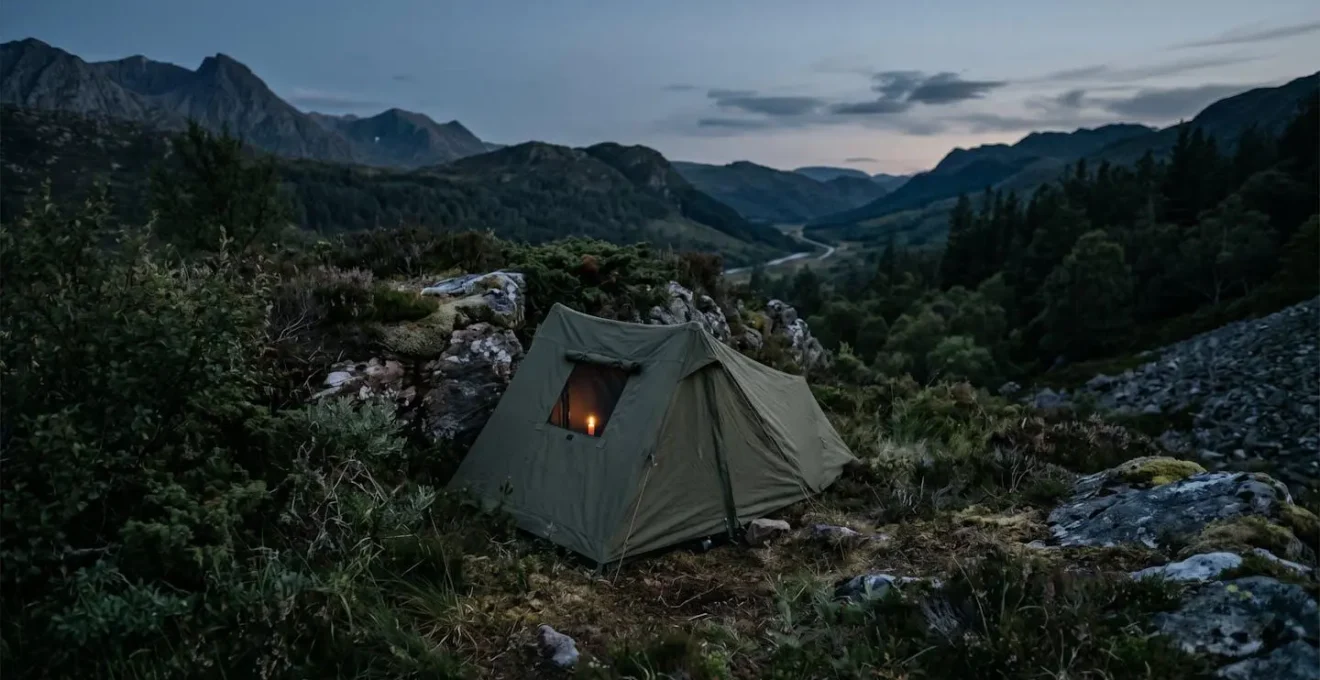 Technique de bivouac discret avec tente de couleur naturelle fondue dans un environnement forestier à la tombée de la nuit