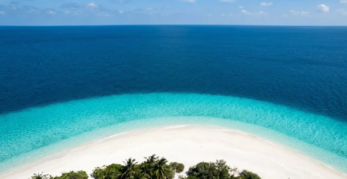 Vue aérienne montrant le contraste entre sable blanc et eau turquoise, signature des fonds marins de qualité