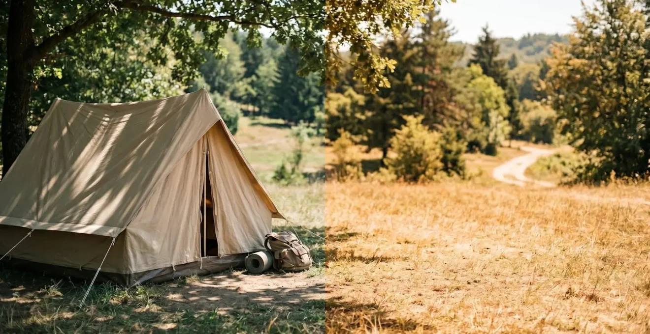 Tente de camping installée sous des arbres pour se protéger de la chaleur estivale