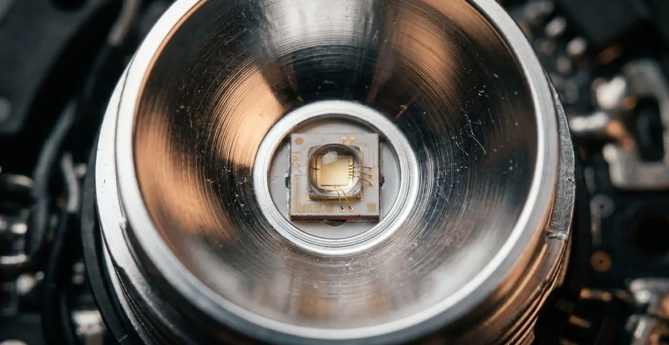 Gros plan macro sur une LED de haute qualité montrant les détails de construction et l'optique