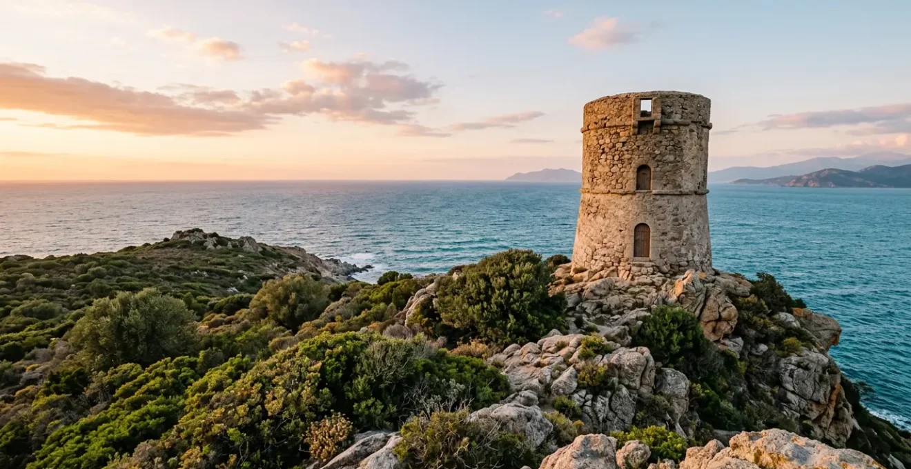 Tour génoise circulaire en pierre sur promontoire rocheux avec vue panoramique sur la Méditerranée et le maquis corse au coucher du soleil
