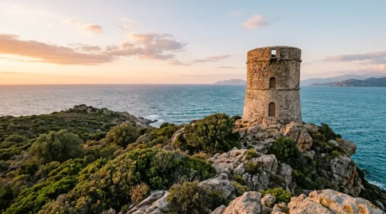 Tour génoise circulaire en pierre sur promontoire rocheux avec vue panoramique sur la Méditerranée et le maquis corse au coucher du soleil
