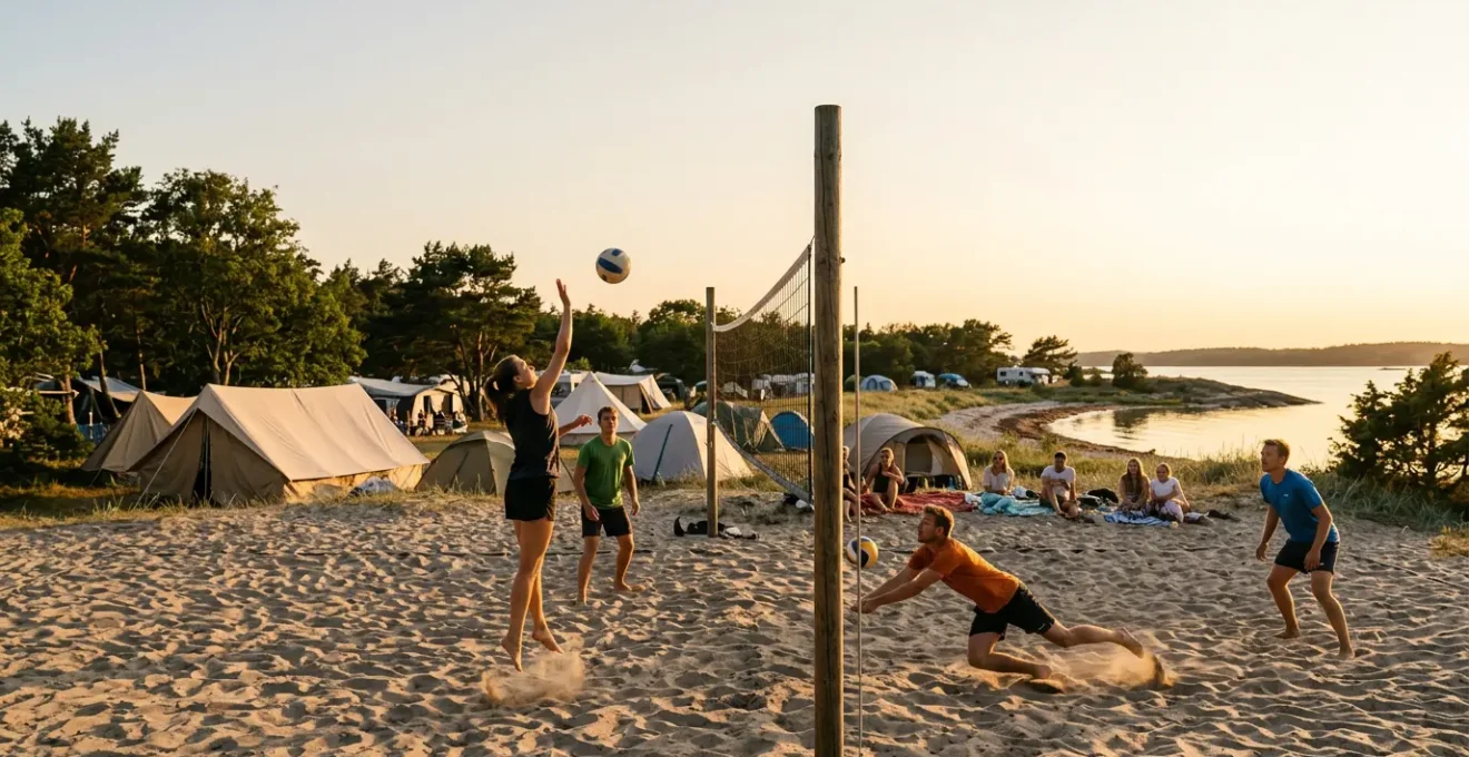 Scène de beach-volley convivial dans un camping avec joueurs en action sur le sable