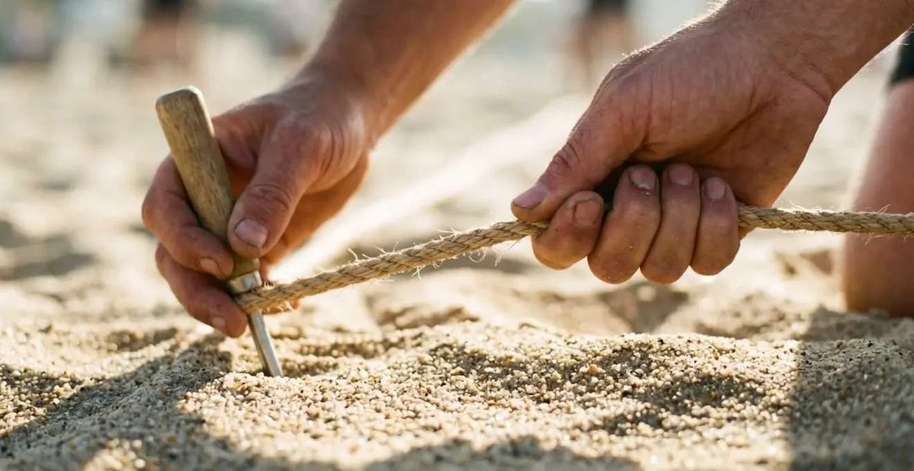 Gros plan sur les mains d'une personne traçant les lignes d'un terrain de beach-volley dans le sable avec des objets simples
