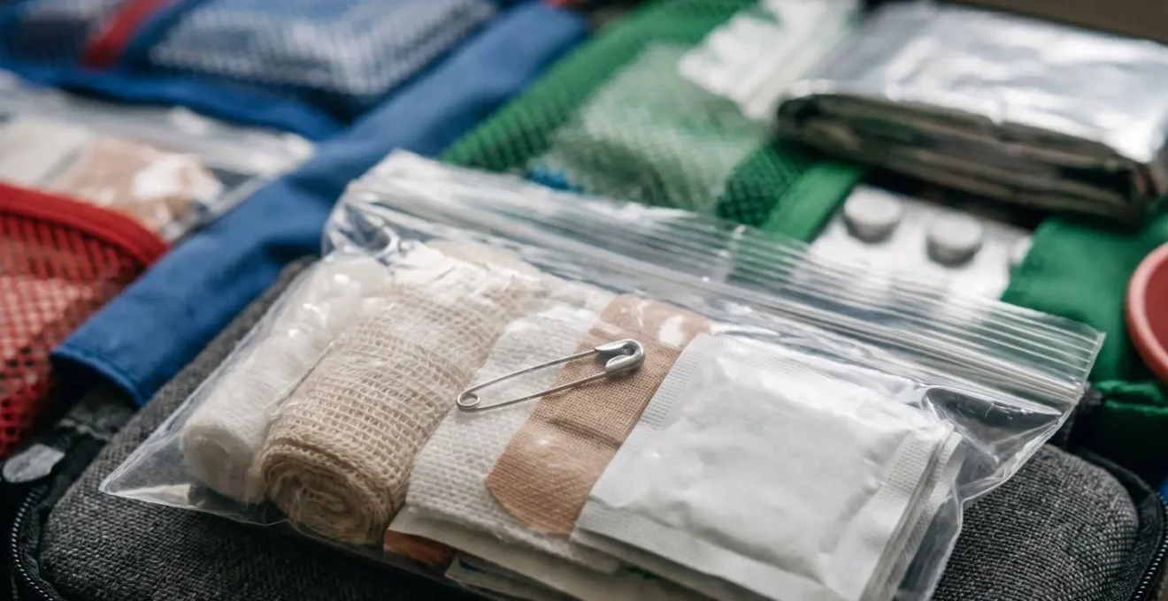 Trousse de secours de camping organisée par scénarios d'incidents dans sachets transparents