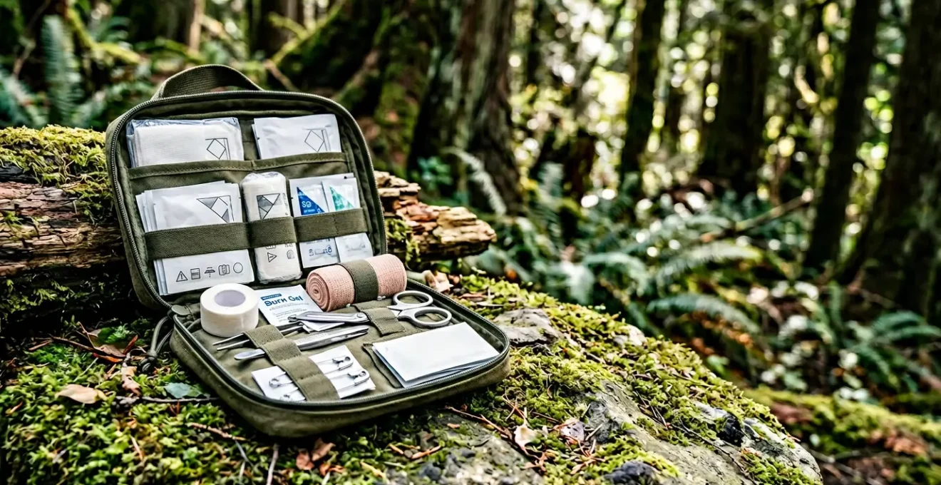 Trousse de premiers secours ouverte pour le camping avec matériel médical disposé sur fond naturel