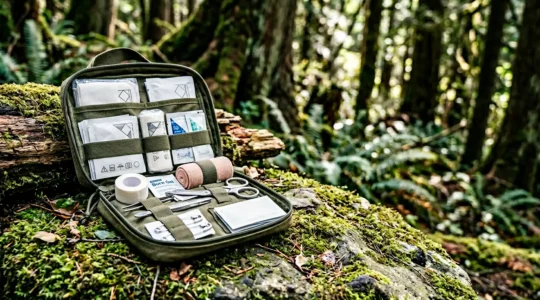 Trousse de premiers secours ouverte pour le camping avec matériel médical disposé sur fond naturel