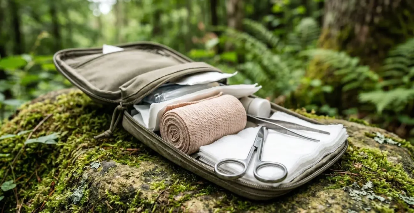Trousse de secours de randonnée ouverte avec matériel médical disposé sur une surface naturelle