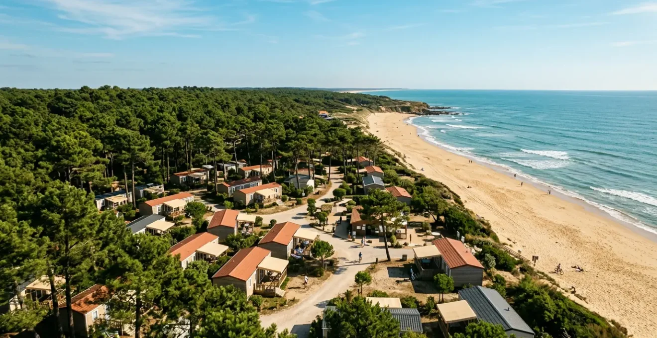 Vue aérienne d'un camping en bord de mer en Vendée avec des mobil-homes dans une pinède près de l'océan Atlantique