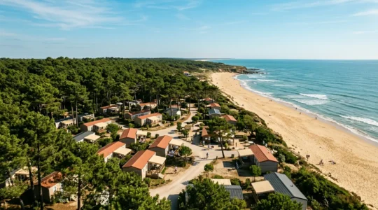 Vue aérienne d'un camping en bord de mer en Vendée avec des mobil-homes dans une pinède près de l'océan Atlantique
