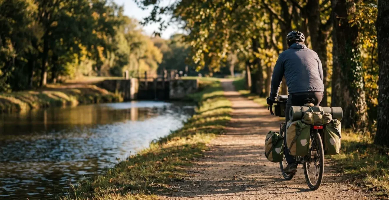Cycliste longeant le Canal de Nantes à Brest près d'une écluse fleurie, vélo chargé de sacoches, ambiance bucolique et slow travel