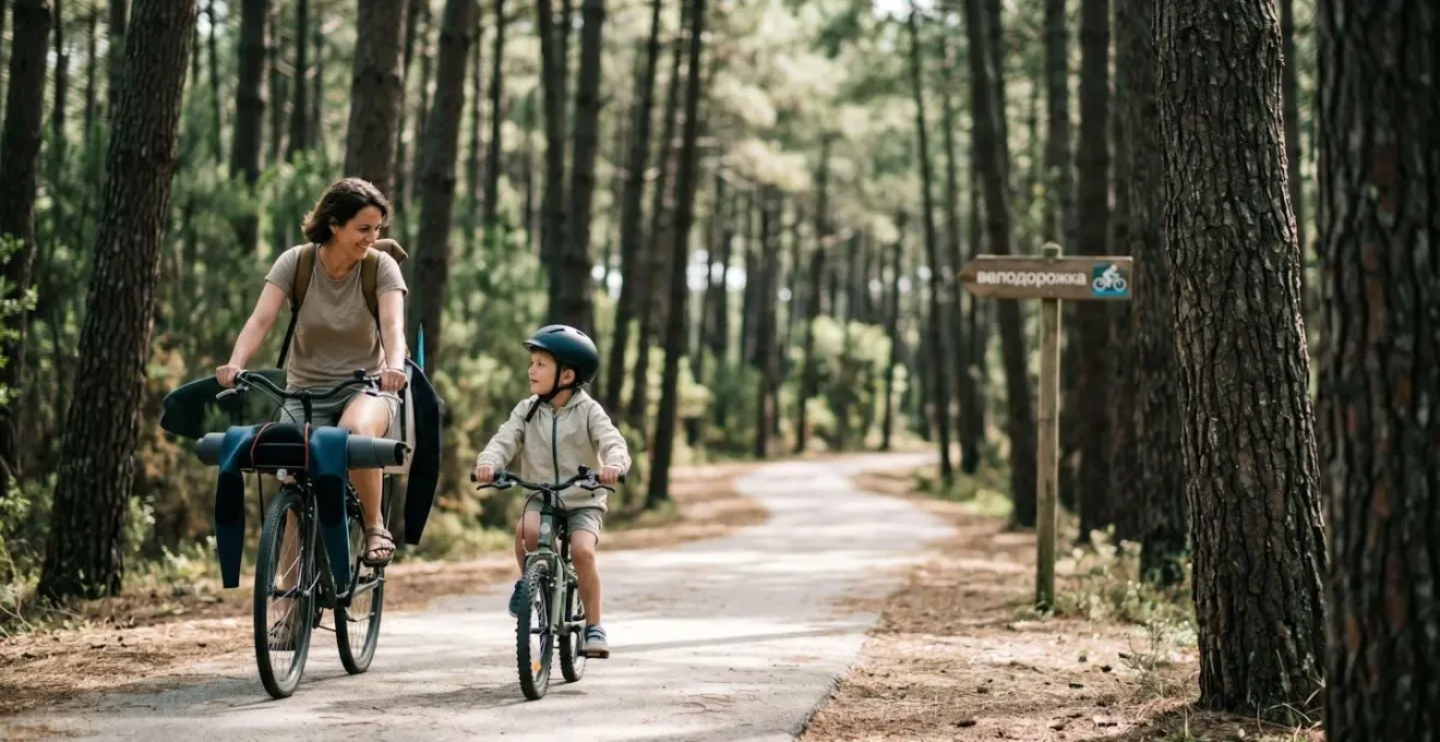 Famille en velo sur piste cyclable ombragee traversant la foret de pins des Landes direction ocean