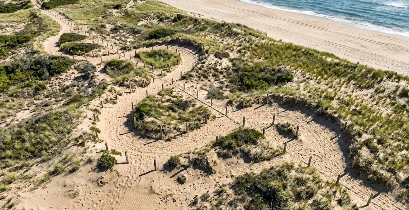 Vue en plongée montrant le tracé d'un chemin entre un camping et une plage avec obstacles naturels
