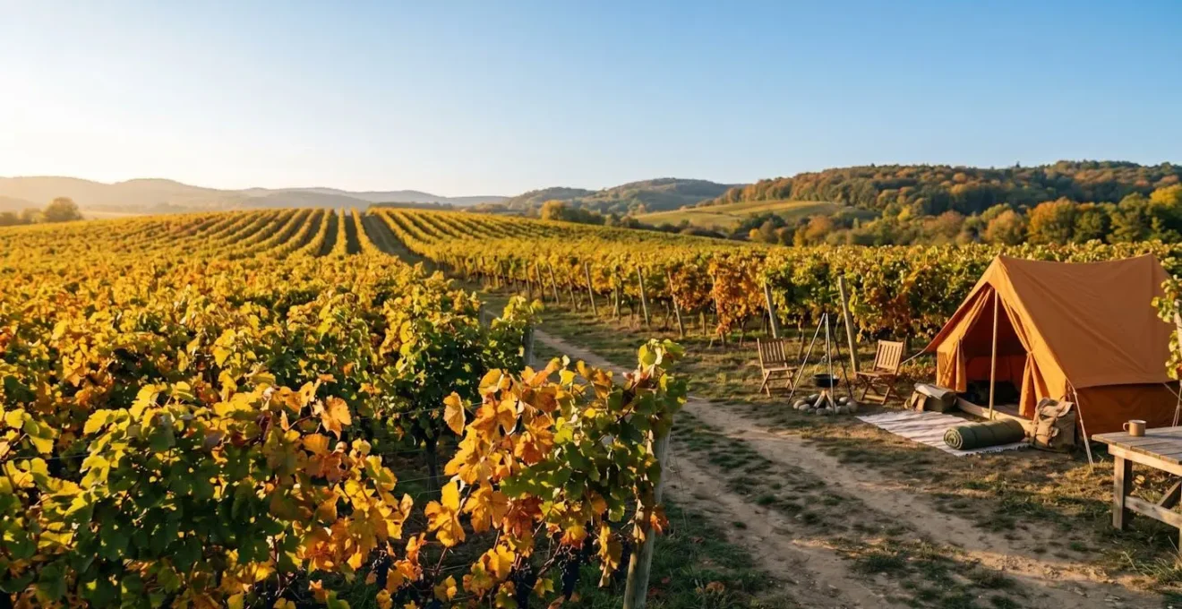 Rangs de vignes aux couleurs automnales dorees et rousses sous une lumiere douce de septembre avec ciel degage