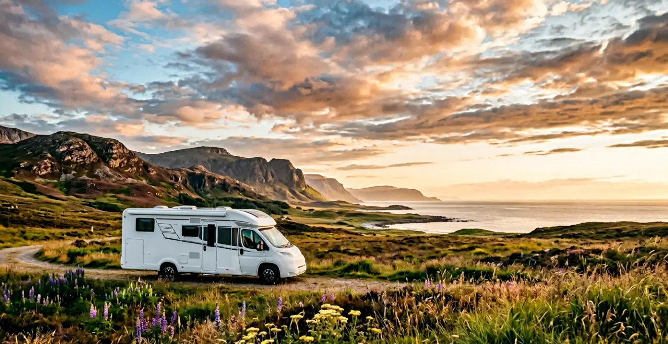 Camping-car moderne stationné dans un paysage naturel paisible avec vue panoramique