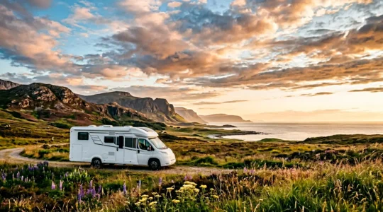 Camping-car moderne stationné dans un paysage naturel paisible avec vue panoramique